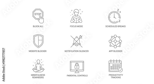 Digital wellbeing icons set representing website blocking and mindfulness