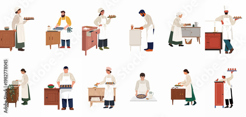 A collection of diverse people baking gingerbread cookies in cozy kitchen settings, wearing festive sweaters and aprons during the winter season.