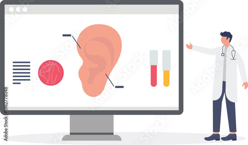 Doctor checking human ear data on digital monitor screen
