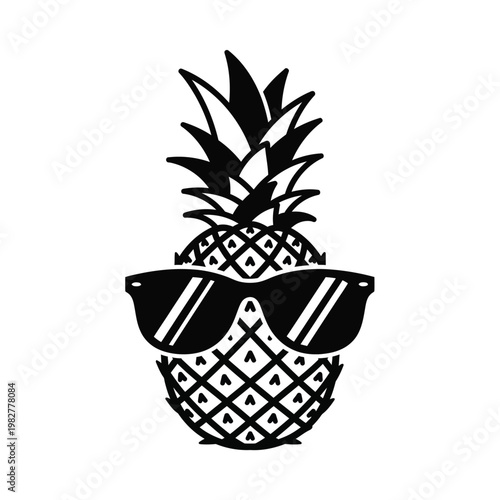 Fun pineapple icon, sunglasses fruit symbol, black vector illustration, tropical summer design element