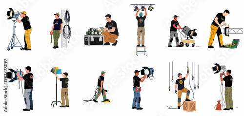 Collection of flat vector illustrations depicting various male stagehands and lighting technicians working with professional equipment for stage, events, and film productions.