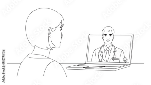 Patient having a virtual medical consultation with a male doctor on a laptop screen, illustrating modern telemedicine and remote healthcare technology.