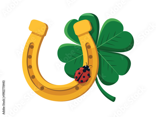 Horseshoe and four leaf clover sit together as symbols of luck and good fortune.