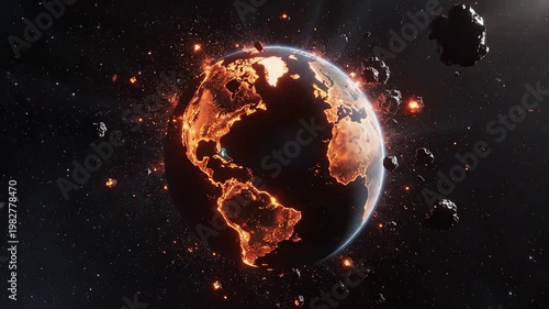 Exploding planet with lava and smoke for tech concepts, digital marketing, and scientific projects