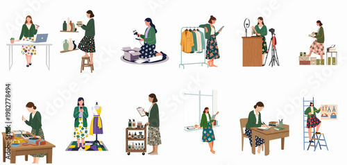 Illustration collection of a female entrepreneur managing various aspects of a small home business, from inventory and production to marketing and shipping.