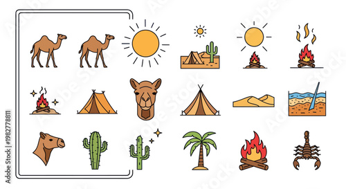 Desert Icons Set: Camels, Cacti, Sun, Tents, Campfire, Scorpion