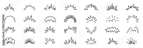 Hand drawn explosion and burst vector illustration set, doodle graphic elements.