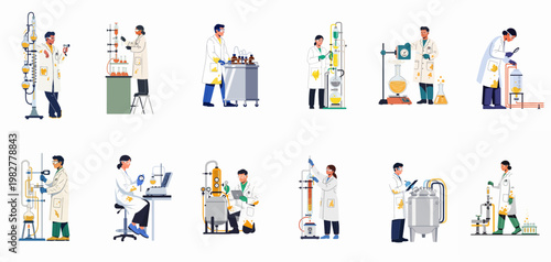 Diverse collection of scientists and lab technicians conducting chemical experiments using various laboratory equipment, isolated on a white background.