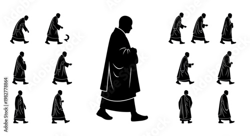 Monk Silhouette Sequence: Walking, Meditating, and Ritual Actions on White Background