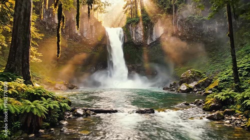 Waterfall in lush green forest for corporate presentations, business marketing, and commercial use