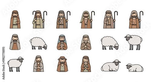 Shepherds and Sheep Icons Set: Nativity, Christmas, Bethlehem, Pixel Art Style