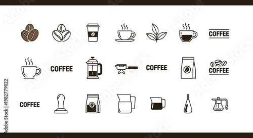 Coffee Icons Set: Beans, Cup, French Press, Leaves, Packaging, Tamper