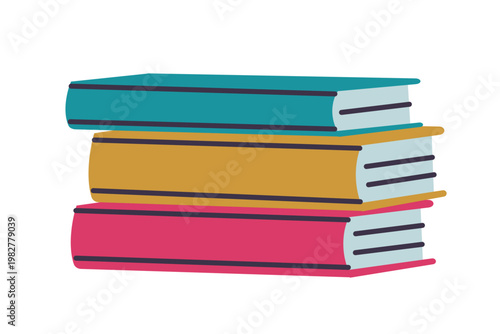Stack of books with colorful covers, flat cartoon fiction and textbooks clipart. Library, school education and reading hobby vector illustration, book icon, isolated colored clipart