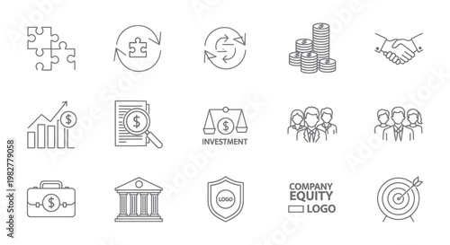 Business and Finance Icons: Strategy, Growth, Investment, Partnership, Security, Goals