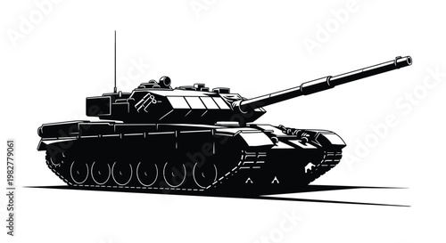 Military tank, armored vehicle, black illustration, warfare machine, combat equipment