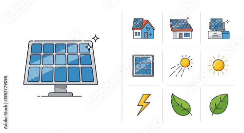 Solar Panel Icons: Renewable Energy, Clean Power, Eco-Friendly Home Solutions