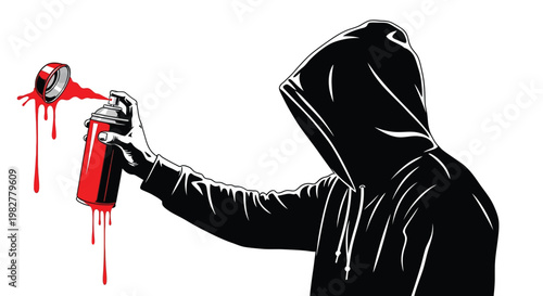Graffiti artist, vandalism illustration, hooded figure, spray paint, urban art vector