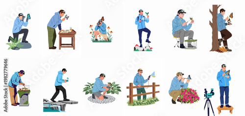 Collection of flat illustrations depicting an entomologist researching butterflies and insects in various natural and outdoor settings with different scientific tools.