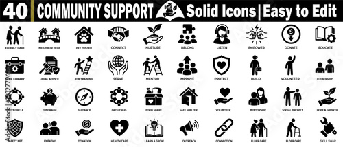 Community supports solid icons. Set easy to edit, such as elderly care, neighbor help, pet foster, connect nurture belong, listen empower, donate educate, vector illustration.