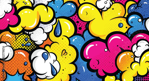 Colorful pop art comic bubbles, speech bubbles, cartoon clouds, vibrant vector graphics