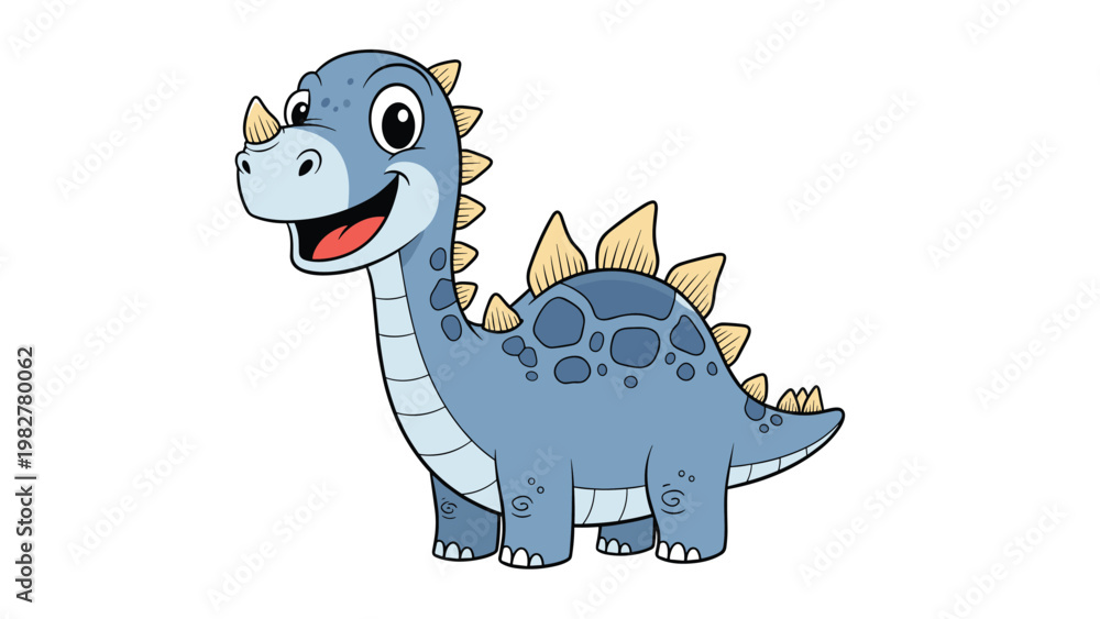 Naklejka premium Friendly blue dinosaur character with yellow plates on its back and tail smiling on a clean white background.
