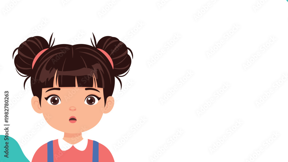 Obraz premium Expressive portrait of a cute young girl with dark hair in pigtails looking surprised with wide eyes.