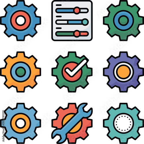 Settings and configuration icons set with gear sliders tools maintenance system control and adjustment symbols