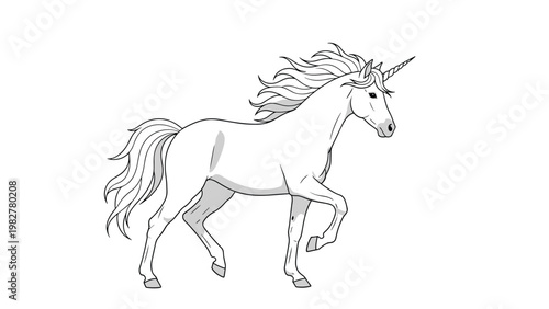 Elegant illustration of a majestic white unicorn with a flowing mane and tail walking gracefully on a plain background.