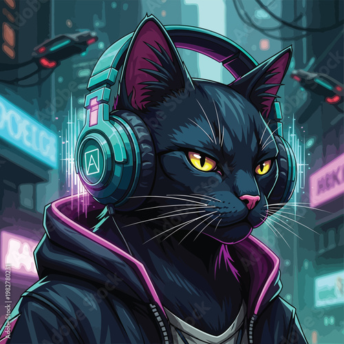 Cyberpunk cat, futuristic feline, neon city, vector illustration, gaming kitty