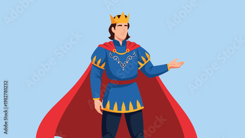 Regal cartoon king wearing a golden crown a blue tunic and a long red royal cape gesturing with his hand.