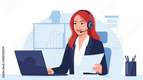 Professional female customer service agent wearing a headset and working at her laptop in a modern office.