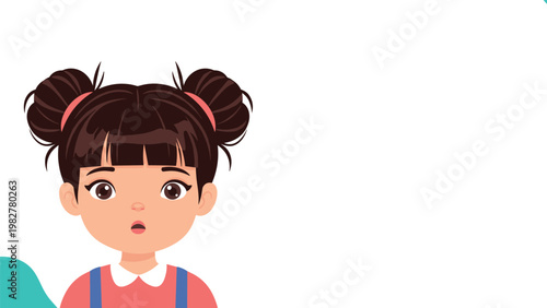 Expressive portrait of a cute young girl with dark hair in pigtails looking surprised with wide eyes.
