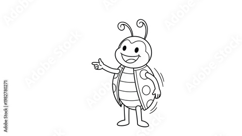 Friendly cartoon ladybug character pointing with its hand and smiling in a clean black and white line art.