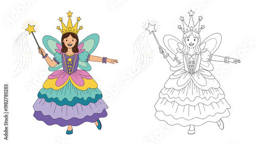 Comparison between a colorful and a line art version of a beautiful fairy princess holding a magic star wand.