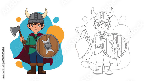 Cartoon viking boy warrior with helmet and axe shown in both colored and line art outline versions for educational and creative purposes.