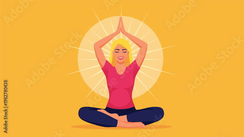 Peaceful woman practicing meditation in the lotus position with glowing sun rays behind her on a vibrant yellow background for wellness.