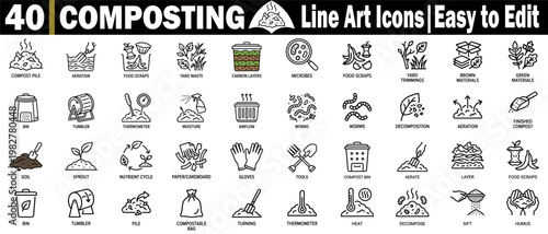 Composting line art icons set. Easy to edit, such as compost pile aeration, food scraps, yard waste, carbon layers, microbes, and yard trimmings vector illustration.