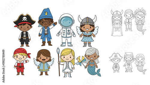 Large collection of children characters dressed in various imaginative costumes including pirate, astronaut, viking, and mermaid.