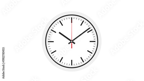 Classic round analog wall clock face with black hands and a red second hand indicating time on a simple and clean white background.