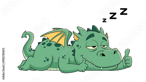 Friendly green dragon character lying down and sleeping peacefully with closed eyes and relaxed wings in a whimsical vector illustration.