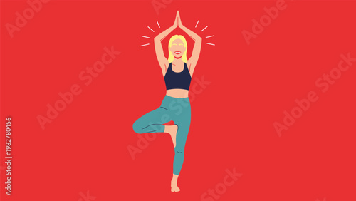 Fit blonde woman practicing tree yoga pose for balance and concentration against a vibrant solid red background for health and fitness.
