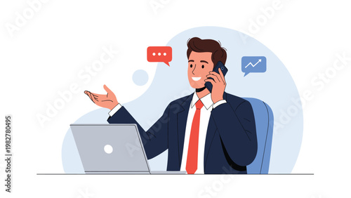 Businessman in a suit talking on his mobile phone while working on a laptop at his desk with data charts in the background illustration.