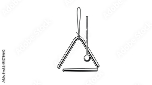Detailed line art drawing of a musical triangle percussion instrument with its metal beater shown as a black and white vector graphic.
