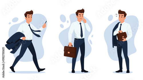 Set of a professional businessman character presented in three different active poses: walking, standing, and thoughtfully holding a briefcase.