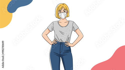 Young woman with short blonde hair wearing a white medical face mask for health and safety against an abstract colorful background.