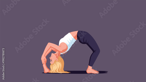 Strong woman practicing an advanced bridge or wheel yoga pose for back flexibility and core strength on a dark purple background illustration.