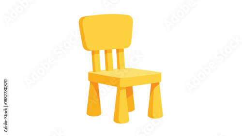 Small yellow plastic chair for children with a high back and sturdy legs, isolated on a white background in a 3D cartoon style.