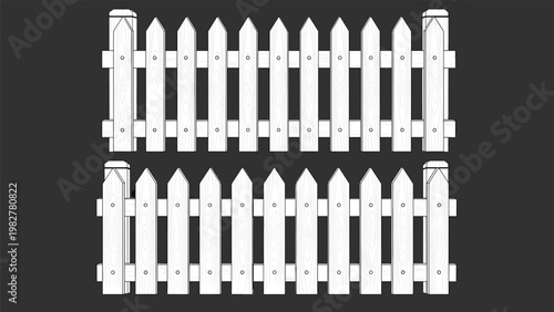 Wooden picket fence with pointed tops and horizontal rails, shown in two parallel sections against a dark grey background.