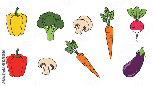 Assorted healthy vegetables including bell peppers, broccoli, mushrooms, carrots, radish, and eggplant, shown in a simple flat style.