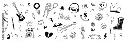 Punk rock music doodle vector illustration elements and objects set.